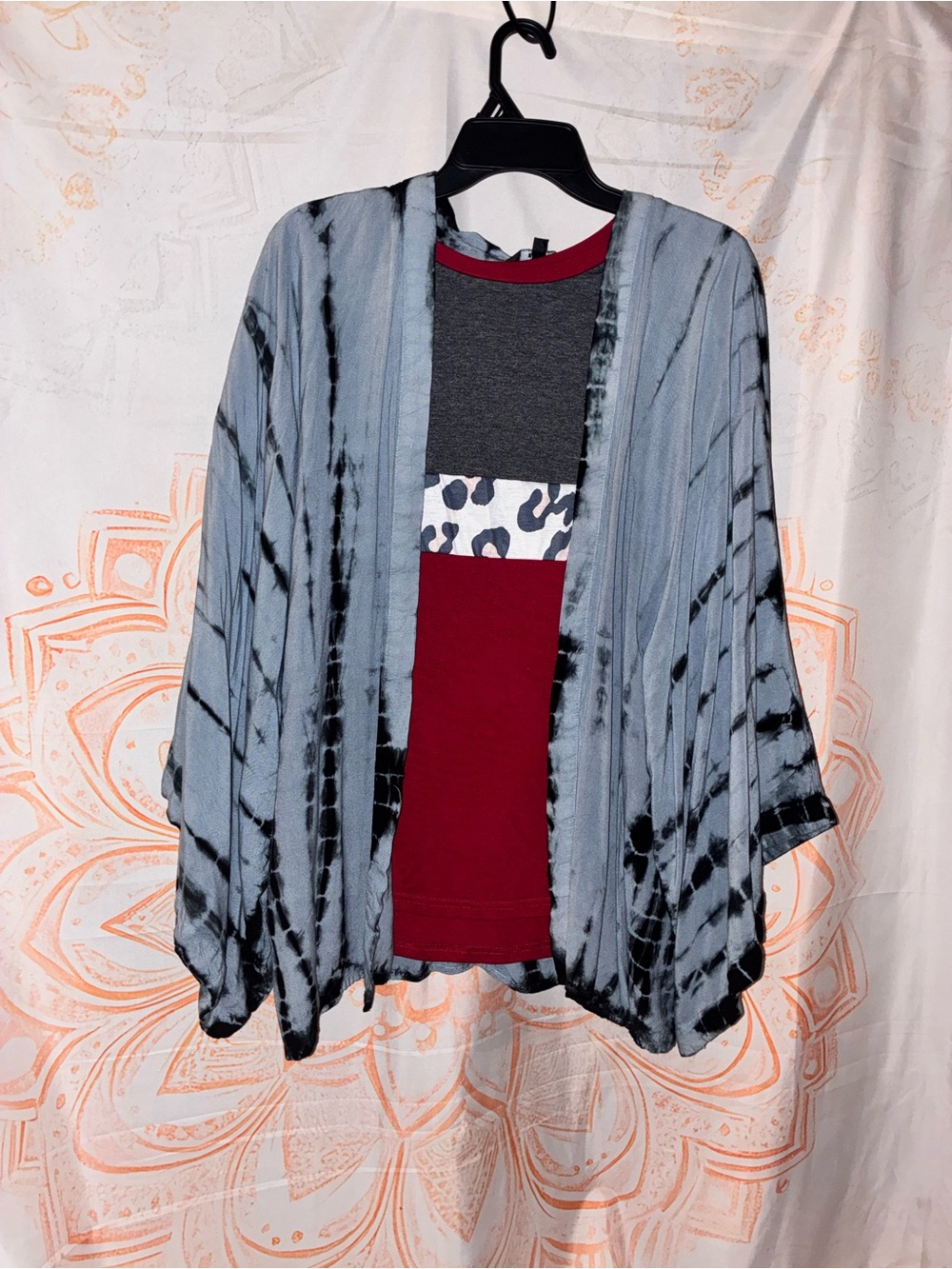 Sim & Sam Light Blue Tye-Died Kimono w/ Gray & Red Leopard Print Tee